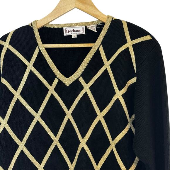 Bechamel Gold Black V Neck Sweater Size MEDIUM Lattice Trellis Grid Lambswool - Picture 3 of 8